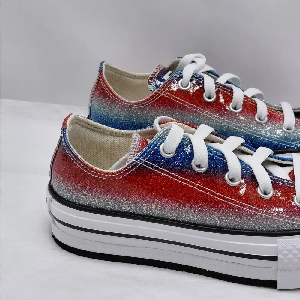 Converse All Star Girls Sneakers Size 1 Red Blue Glitter Low Top Back to School